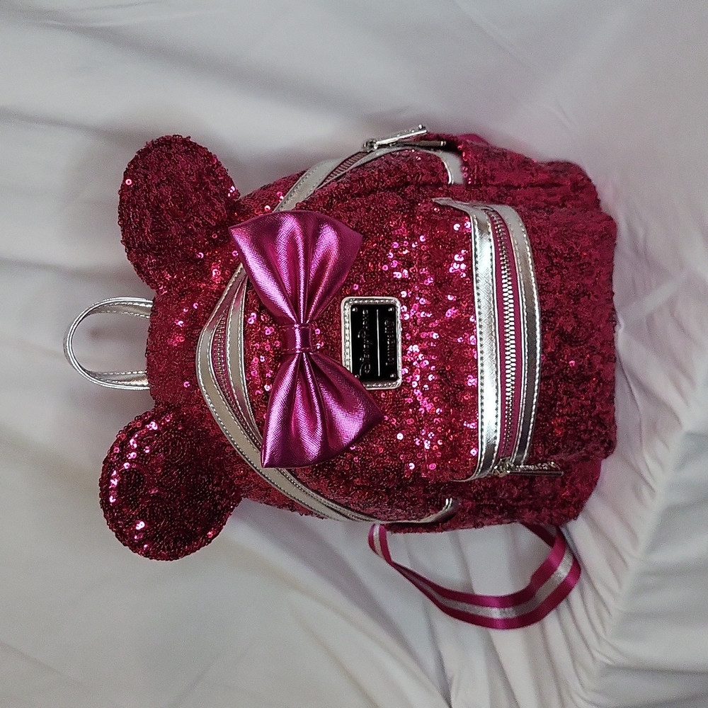 Disney Parks Loungefly Minnie Mouse Sequin Backpack Fuchsia Hot Pink Like New